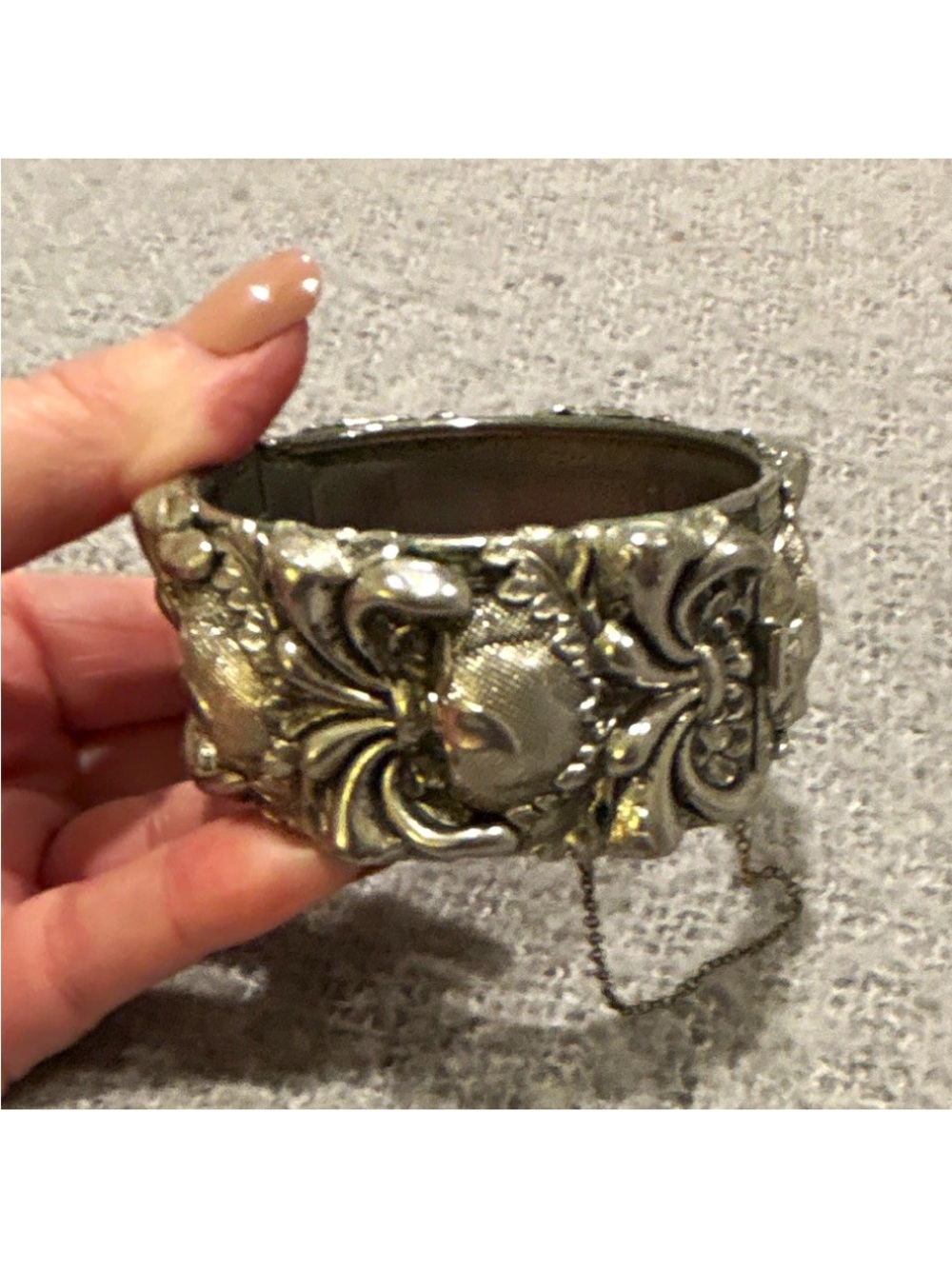 Whiting & Davis Silver Floral Embossed Hinged Cuff Bracelet